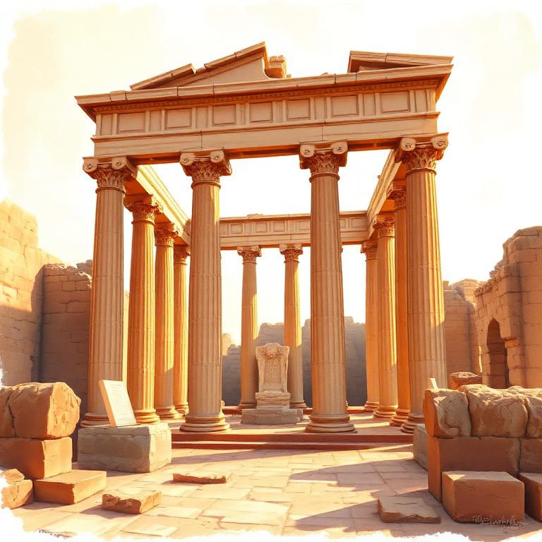 Roman ruins across a plateau at low sun, rows of standing columns and rectangular stone foundations laid out in a regular grid.