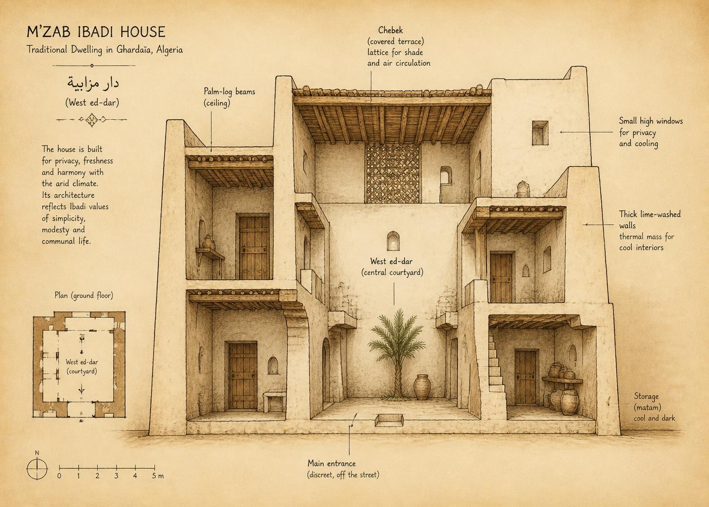 Sepia sectional drawing of a traditional Mozabite house, courtyard (west ed-dar), shaded chebek terrace, thick lime-washed walls.