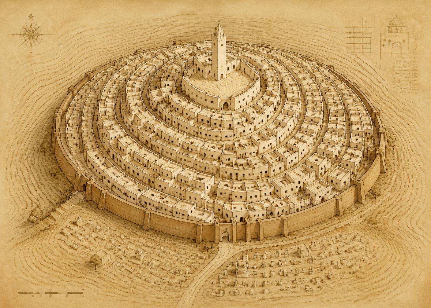 Sepia isometric drawing of a concentric M'Zab ksar, streets spiralling around a central mosque, defensive wall and cemetery outside.
