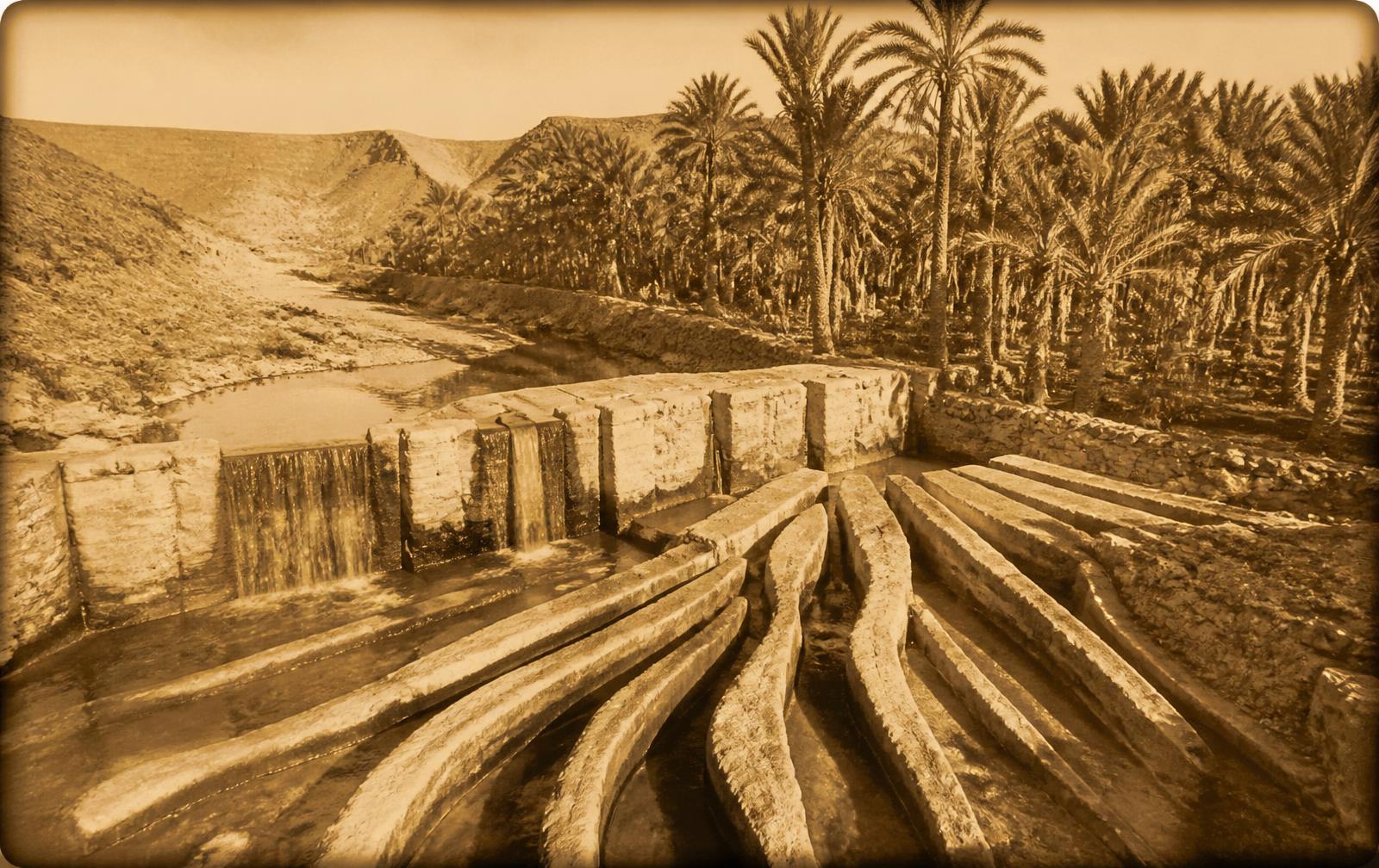 Historic stone dam and carved flood-water dividers of the M'Zab, feeding channels into the palm grove.